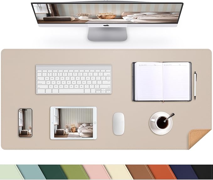 AFIING Cork Desk Mat 31.5" x 17", Waterproof Dual-Sided Cork & PU Leather Desk Pad, Non-Slip Desk Protector for Home Office, Workspace Setup & Gaming, Beige