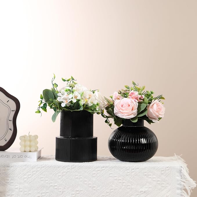 Ribbed Glass Vases, Set of 2 Flower Vases, Black Vase for Tulips, Modern Vase for Living Room, Kitchen, Office, Entryway, Mantle, Bookshelf, Wedding Gifts, Birthday