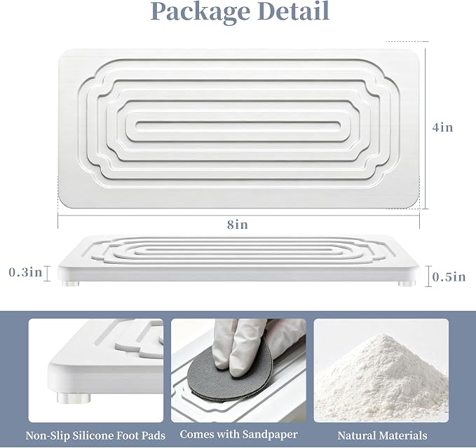 2 PCS Water Absorbing Stone Tray, Quick-Drying Diatomite Stone Tray for Kitchen/Bathroom Sink, Stone Drying Mat for Kitchen Counter, Soap Dish for Toiletries