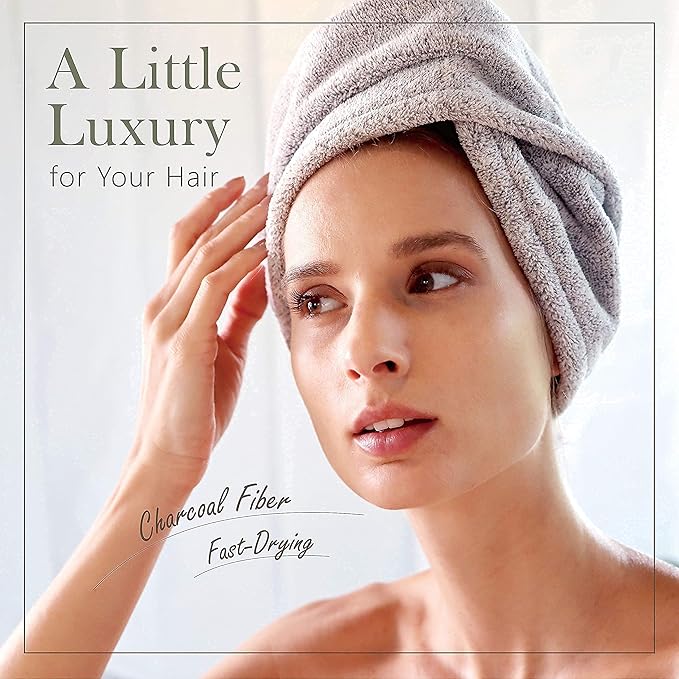 myHomeBody Hair Towel Wrap, Quick Drying Turban, Absorbent Cap – Gray | Hair Turban Towel for wet hair, Ultra Soft Charcoal Fiber Cap, Towel Head Wrap for bathing with Coconut Shell Button