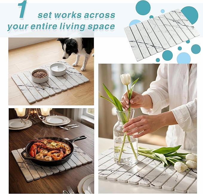 Diatomaceous Earth Stone Dish Drying Mat for Kitchen Counter – Quick Drying Mat Set (1*Large 23"×15.5" & 2*Small 7.5"×4") | Kitchen Drying Mat for Dishes, Cups & Utensils, Sink Mat (White Marble)