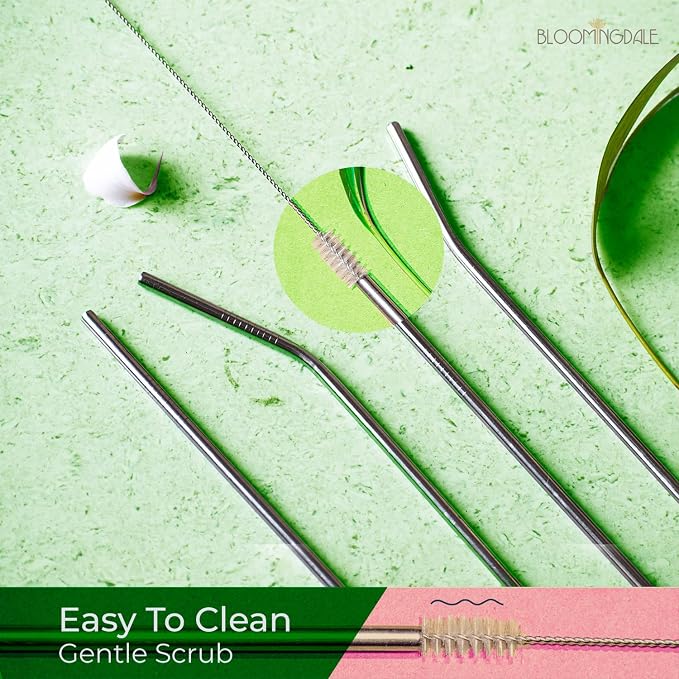 Bloomingdale Straw Reusable Stainless Steel Straw with Cleaning Brush- Long Metal Straws for Drinking Juice, Smoothie, Beverage, Reusable Set of 5 (2- Bend Pipe, 2- Long Straw, 1-Cleaning Brush)