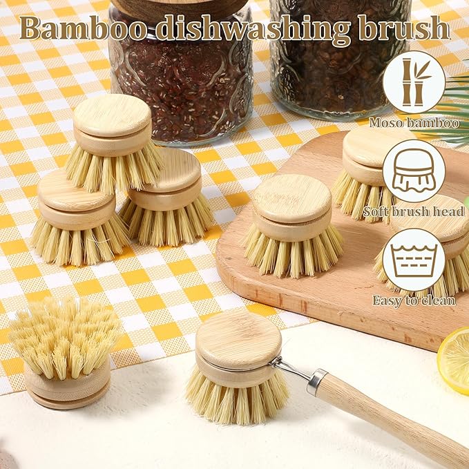 8 Pcs Bamboo Dish Brush with Handle, Natural Sisal Bristle Scrubber Includes 7 Replacement Brush Heads Wooden Kitchen Dish Brushes for Pots, Pans, Bowls, Dishes Cleaning
