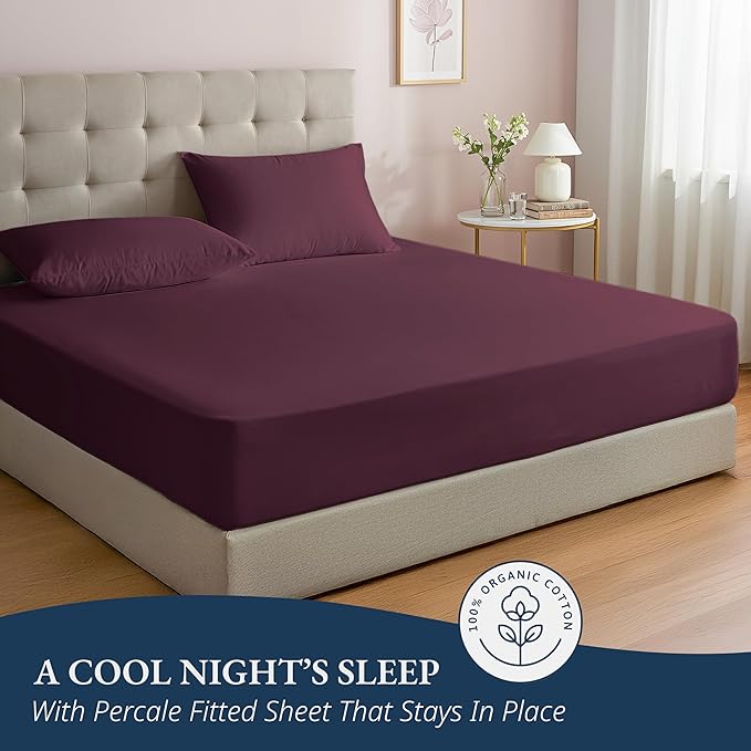LANE LINEN Twin XL Fitted Sheet Set (No Flat Sheet) - 100% Organic Cotton Soft & Breathable Percale Weave Fitted Sheet Set For Extra Comfort - GOTS Certified - 15'' Deep Pocket - Windsor Wine