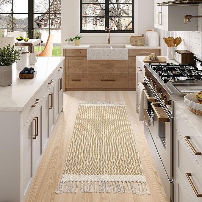 Lahome Belle Boho Kitchen Runner, 2x4.3 Bathroom Runner Rug Lightweight Entryway Rugs Woven Cotton Throw Mat with Tassels, Farmhouse Non Shedding Washable Low Pile Runners for Bedroom Doorway, Khaki