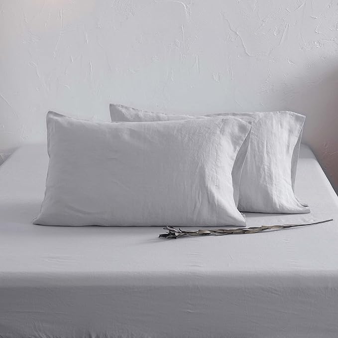 ATLINIA 100% Pure Flax Linen Bedding Set - Stone Washed French Linen Fabric Deep Pocket Fitted Sheet Farmhouse Flat Sheet 2 Pillowcases (Light Grey, King)