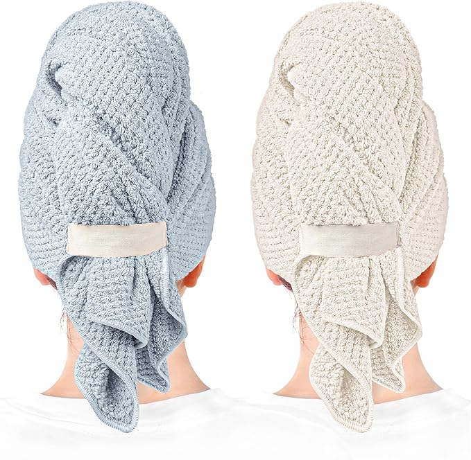 ROLSHOL 2 Packs Large Microfiber Hair Towels for Women, Super Absorbent & Quick Dry Hair Towel Wrap for Curly Hair Long & Short Hair- Anti-Frizz Hair Turbans for Wet Hair (Blue/White) - 27.5''*39.4''