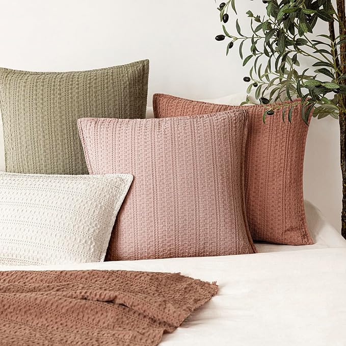 Foindtower Set of 2 Decorative Cotton Waffle Weave Throw Pillow Covers Euro Shams Cushion Covers Accent European Pillowcase for Bed Couch Sofa Bedroom Living Room Home Decor 26×26 Inch Dusty Pink
