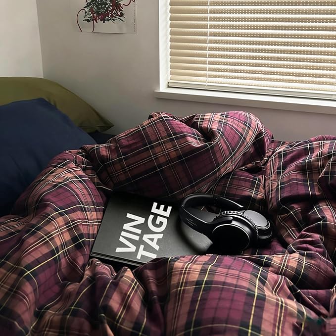 mixinni Vintage Buffalo Plaid Duvet Cover Set Twin XL Size – 3 Piece Washed Cotton Bedding for College Dorm, Soft & Breathable Burgundy Grid Comforter Cover with Retro Aesthetic for Teen Boys Girls