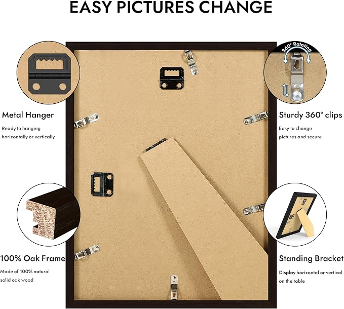 Hongkee 9x12 Oak Wood Picture Frame 1 Pack(Matted 7x10), Real Glass Cover | Black, 9 x 12 Solid Wood Frame for Wall or Tabletop Display - Includes Easel Back, Vertical Hang - Ideal for Home, Office
