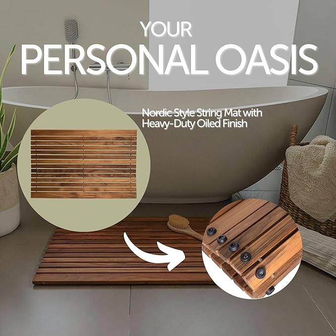 Nordic Teak 100% Solid Teak Wood String Mat - Indoor and Outdoor Use - Non-Slip Wooden Platform for Sauna, Pool, Hot Tub Flooring Decor and Protector (Oiled Finish, 31.4" x 19.6")