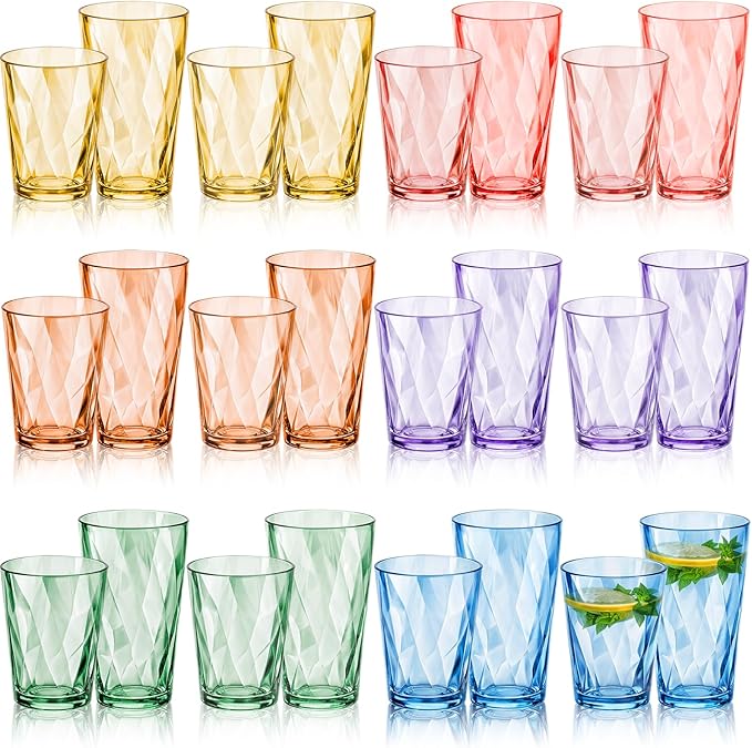 LemonRoad 24 Pack Reusable Plastic Drinking Glasses Set - 20oz &13.5oz Stackable Tumbler, Shatter-resistant Highball Cup for Water, Cocktail, Iced Coffee, Indoor Outdoor, BBQ, Patio, Pool (Multicolor)