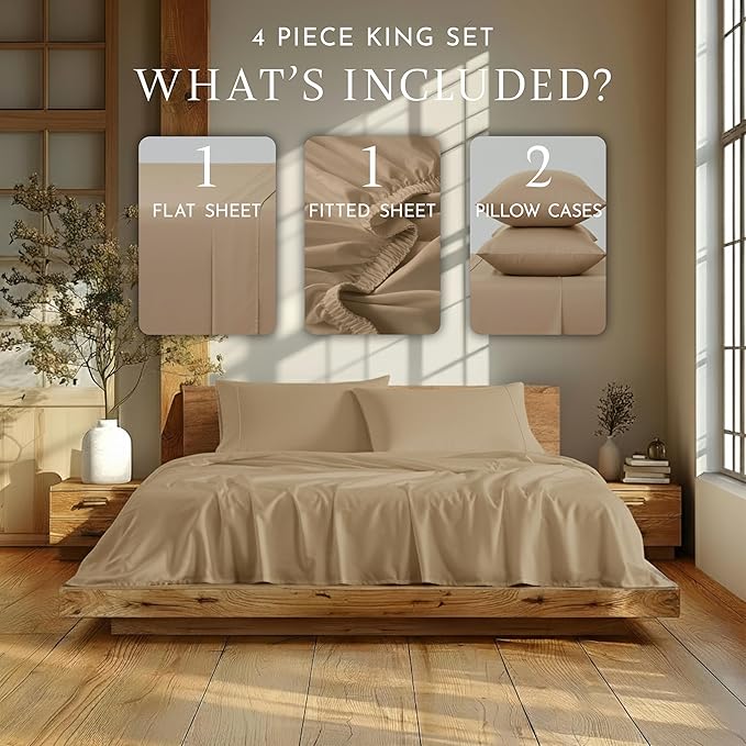 Linen Closet 4Pc 100% Organic Cotton King Size Sheets Set, Tan, 300 Thread Count, Naturally Derived EarthColors, Deep Pocket Fitted Sheet (Up to 18"), Soft Bed Sheets Set, Juego De Sábanas King