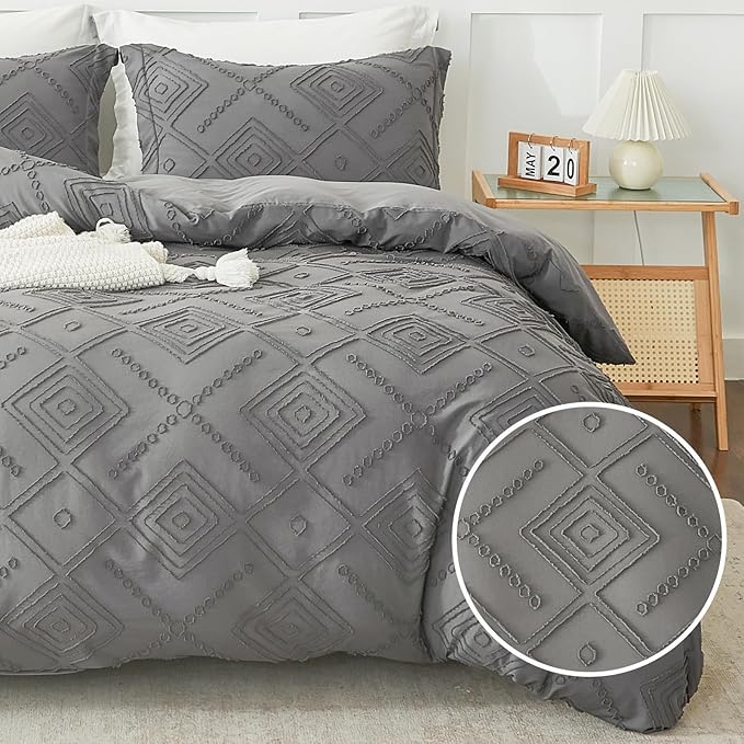 EMME Duvet Cover Queen Size, Boho Tufted Comforter Cover, 3 Pieces Embroidery Chic Bedding Set for All Seasons, 1 Duvet Cover + 2 Pillowcases (Dark Grey, Queen)