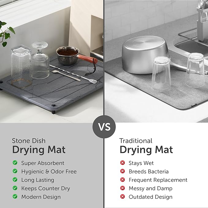 Stone Dish Drying Mat for Kitchen Counter, 100% Natural Drying Matt Kitchen Counter, Quick Drying, Non-Toxic, BPA-Free, Eco-Friendly Stone Dish Drying Mat (Dark Gray 15.7x11.8" & 8"x4")