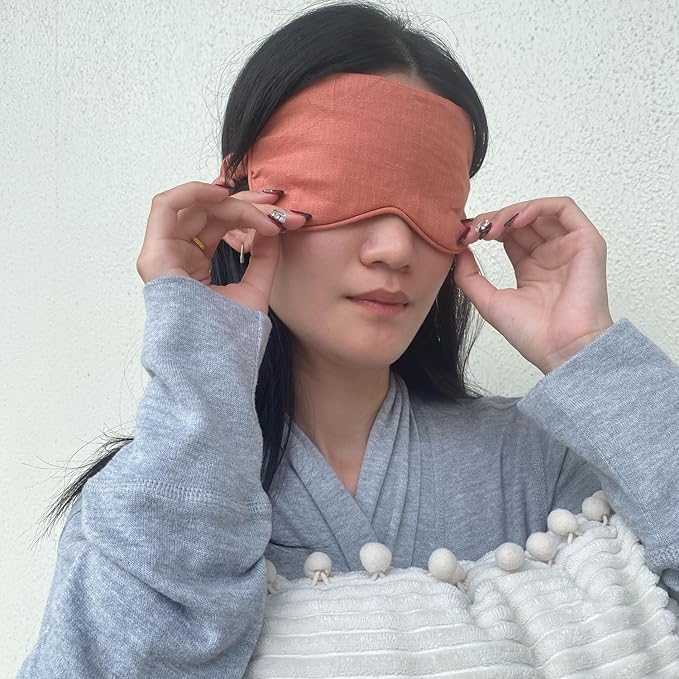 Eye mask Pure Linen Sleep Mask with Elastic Band, No Pressure On Eyes,Side Sleeper Eye Cover Organic Cotton Core Blindfold,Napping & Yoga Travel Essentials (Terrocota)
