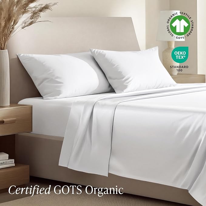 Bare Home 100% Organic Cotton Cal King Sheet Set - 400 Thread Count - Smooth Sateen Weave - Breathable & Cooling - Hotel Luxury Set - Deep Pocket Bed Sheets (California King, White)