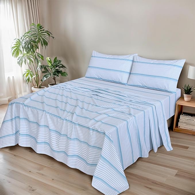 RUVANTI 100% Cotton Organic Percale Sheets Full Size – Crisp Cooling Bed Sheets for Hot Sleepers, Deep Pocket 15”, Soft Peach Finish, Breathable & Durable Hotel-Style 4 Pcs, Nautical Stripes