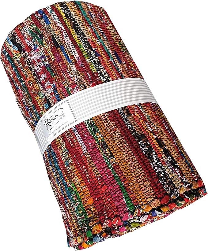 Ramanta Home Cotton Multi Color Chindi Hand Woven Rugs - 8x10 Feet Rectangle Hand Braided Bohemian Colorful Area Rug - Recycled Braided Chindi Rugs- Biodegradable Area Rugs Size 96x120 inch.