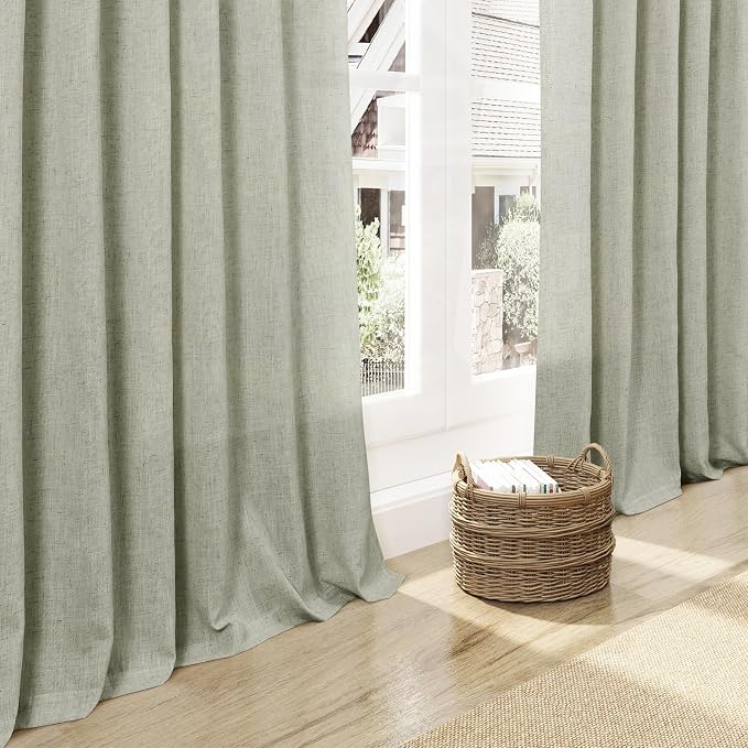 Sage Curtains 95 inches Long 2 panels for Living Room Back Tab Rod Pocket Semi Sheer Linen Draperies Muted Neutral Sage Green Room Decor Earth Tone Pale Green Curtains for Nursery Bedroom Office