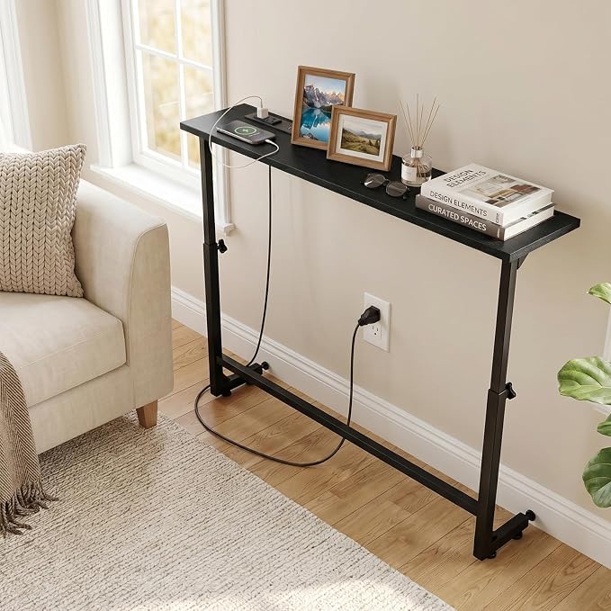 Faesun 33.5 Inch Behind Couch Table, 24"-32" Adjustable Height Range, Behind The Couch Table with Outlet, Adjustable Console Table, Narrow Long Sofa Table, for Living Room, Small Black