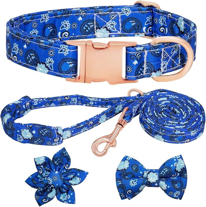 Dog Collar and Leash Set Girls Adjustable Puppy Collars with Floral Bow Tie for Small Medium Large Female Dogs, BluePaisley, S