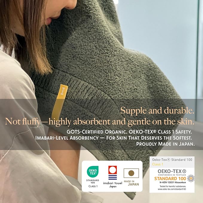 Highly Absorbent & Quick-Dry Organic Cotton Washcloths, Soft & Lightweight Face Towels, Made in Japan, Oeko-Tex Class 1 Certified, 13.8 x 13.8 inch, OliveGreen, Pack of 4 – Proof of Purity