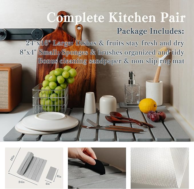 2pcs Stone Dish Drying Mat for Kitchen Counter, Quick-Dry Diatomaceous Earth Water Absorbent Pad & Countertop Drainer, Home Essentials for Bath and Pets - Light Grey, 24x16’’ & 8x4’’