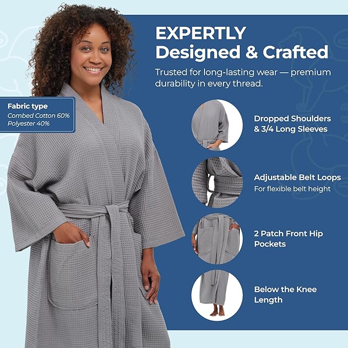 MONARCH Unisex Square Waffle Spa Kimono Robe – Soft Lightweight Fabric & Generously Sized Hotel & Spa Robe with Pockets