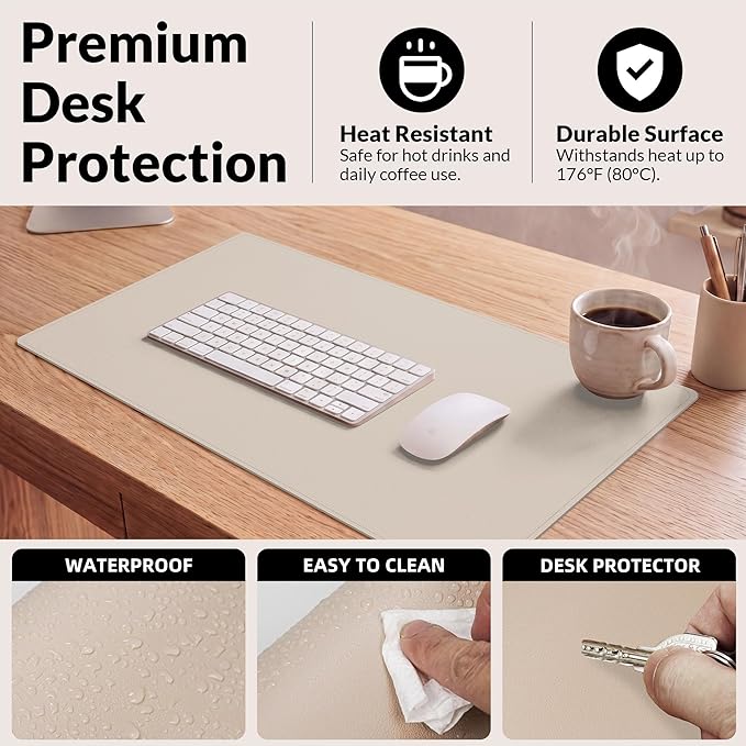 AFIING Desk Mat 23.6" x 13.7", Dual-Sided Natural Cork & PU Leather Desk Pad Protector, Waterproof Non-Slip Mouse Pad, Laptop Desk Blotter for Office, Home & Study (Beige)