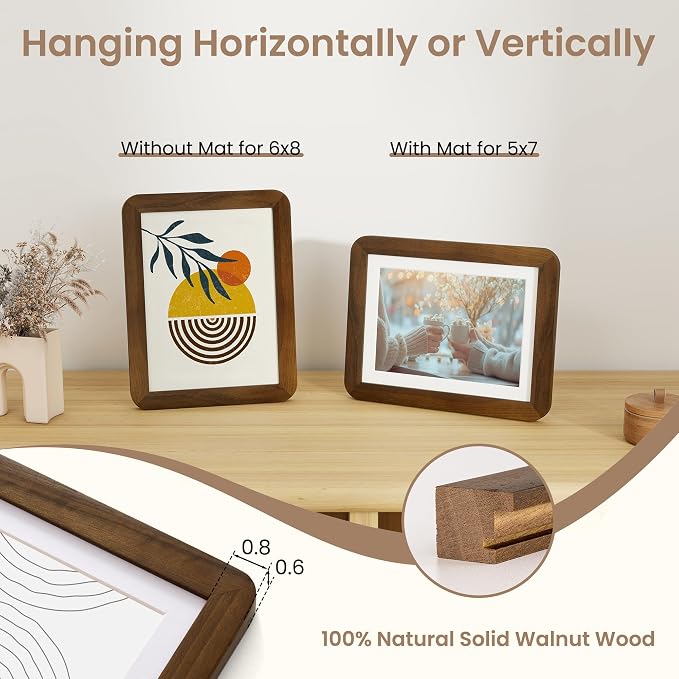 Fun Memories 6x8 Picture Frame - Solid Walnut Wood Frame for Wall & Tabletop Display, 6x8 Frame Matted to 5x7, 6 By 8 Horizontal or Vertical with Tempered Glass & Wall Kit, Natural Walnut