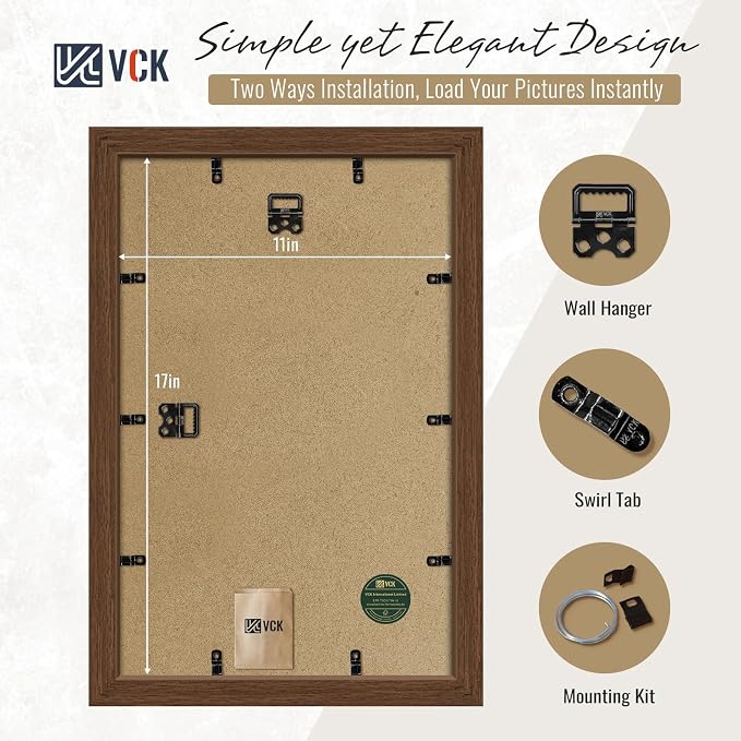 VCK 11x17 Picture Frames Brown 3 Pack, Wide Border Wood, Tempered Glass, Display 8x12 Photo with Mat or 11 x 17 without, for Home, Office, Gallery, Woodgrain Series, Wall Hanging