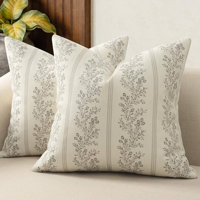 Vintage Throw Pillow Covers 18x18 Set of 2, Striped Floral Pillow Cover Botanical Patterned Decorative Cushion Covers Modern Farmhouse Home Decor for Sofa Couch Bed Living Room, Light Taupe