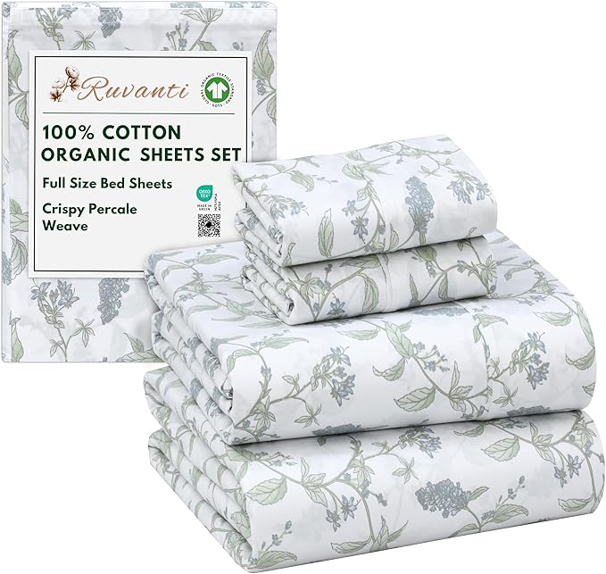 RUVANTI 100% Cotton Organic Percale Sheets Full Size – Crisp Cooling Bed Sheets for Hot Sleepers, Deep Pocket 15”, Soft Peach Finish, Breathable & Durable Hotel-Style 4 Pcs, Vine Yard