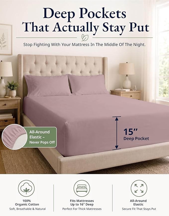 LANE LINEN Twin XL Fitted Sheet, 100% Organic Cotton 2-Piece Set (1 Fitted Sheet, 1 Pillowcase), Percale Weave, Bottom Sheet, Soft, Breathable, Fits Mattress Upto 15" Deep - Lilac (No Flat Sheet)