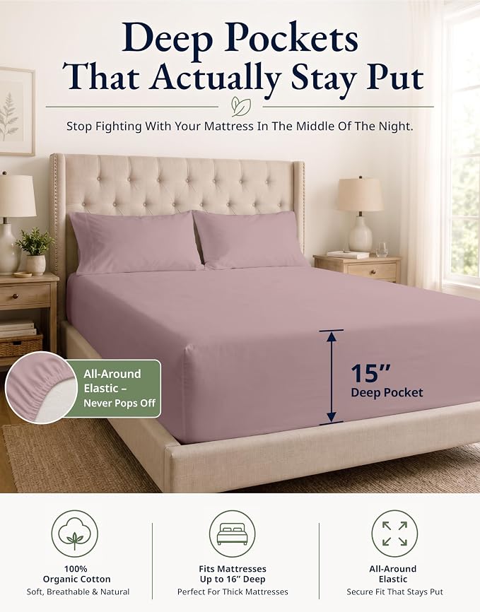 LANE LINEN King Fitted Sheet, 100% Organic Cotton, 3-Piece Set (1 Fitted Sheet,2 Pillowcases), Percale Weave, Ultra Soft, Breathable,Fits Mattress Upto 15" Deep - Lilac (No Flat Sheet)