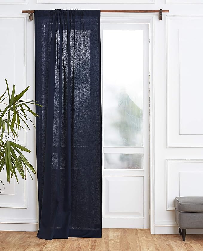 Solino Home Navy Blue Linen Curtain 120 Inches Long, Light Filtering Rod Pocket Curtain 52 x 120 Inch, 100% Pure Linen European Flax Window Treatment for Living Room, Bedroom - 1 Panel