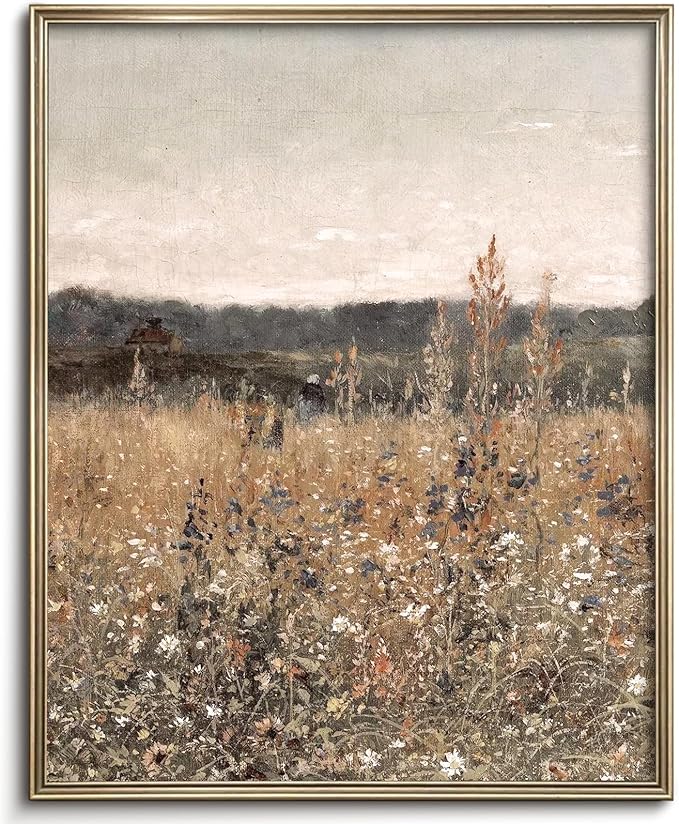 Wildflower Field Landscape Vintage Canvas Wall Art, Vertical Country Landscape Print for Home Decor, Farmhouse Muted Paintings Art Picture Aesthetic for Bedroom Bathroom Living Room Office Decor (8" x 10"-UNFRAMED)