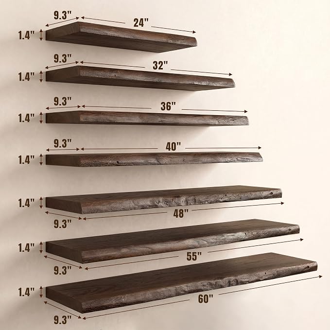 40" Live Edge Floating Shelf, Solid Elm Wood Wall Shelf | 1.4" Extra Thick, 9.3" Deep Heavy Duty, FSC Certified Brown Finish for Bedroom, Kitchen & Bathroom Storage