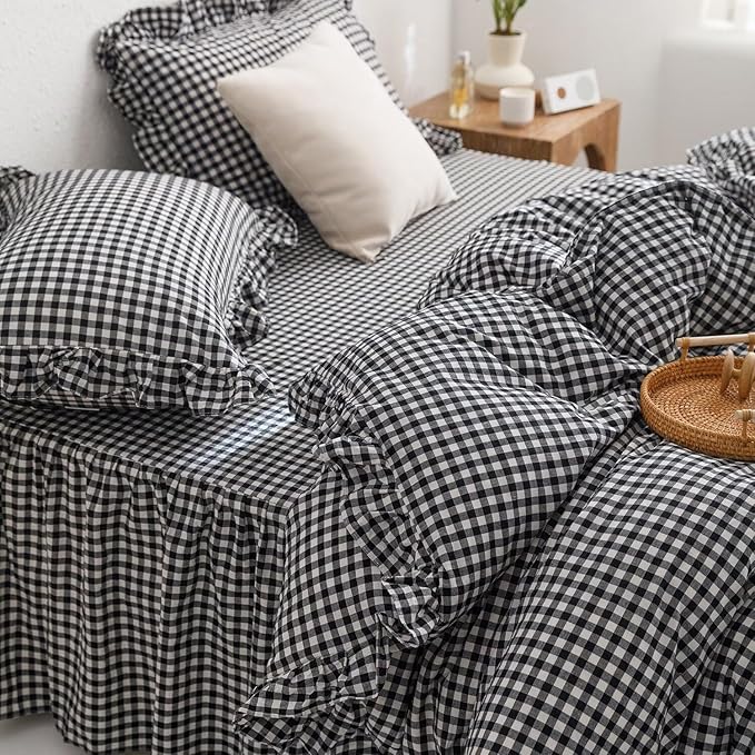 mixinni Black White Gingham Ruffle Duvet Cover Queen Size 3 Pieces – 100% Washed Cotton, Vintage Plaid Ruffled Bedding Set with Zipper Ties, Soft Checkered Grid Farmhouse Chic Comforter Cover Set