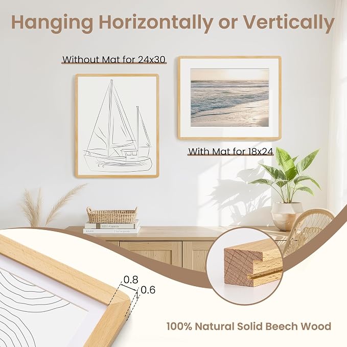Fun Memories 24x30 Poster Frame with Mat for 18x24 - Solid Beech Wood Photo Frame, Rounded Corner 24 x 30 Wooden Frame Matted to 18x24 Photo, 24 By 30 Wood Frame with Tempered Glass, Natural Beech