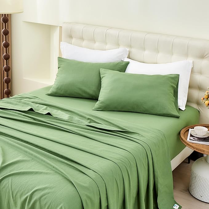 BISELINA Linen Sheet French Flax Flat Sheet Only 55% Euro Linen 45% Cotton Basic Style Solid Color Soft Breathable Farmhouse Top Sheet 1-Piece (Full, Khaki Green)