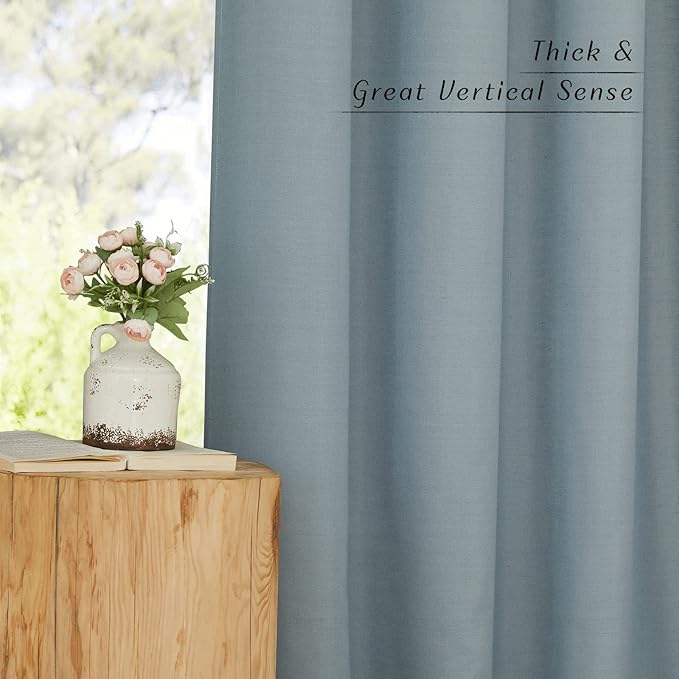 NICETOWN Linen Blend Stone Blue Curtains 96 inches Long, Rod Pocket & Back Tab Light Filtering Semi Sheer Window Treatments Privacy Added Drapes for Bedroom, W55 x L96, 2 Panels