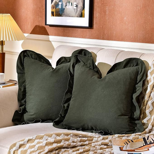 AmHoo Pack of 2 Throw Pillow Covers 100% Cotton Pre Washed Ruffle Decorative Pillowcase Cushion for Couch Sofa Bedroom 18 x 18-Inch Green