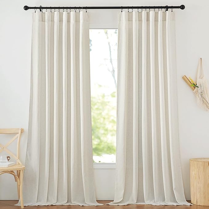 NICETOWN Flax Linen Living Room Curtains 95 inches Long, Rod Pocket & Back Tab Semi Sheer Drapes Privacy Added with Light Filtering for Bedroom/Living Room, Natural, W68 x L95, 2 Panels