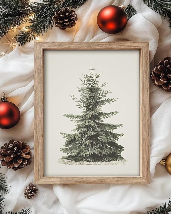 Vodefoad Vintage Christmas Tree Wall Art Retro Neutral Antique Holiday Christmas Tree Painting vintage Christmas Pine Tree Art Prints Painting Vintage Christmas Decor for Holiday - 8x10Inch Unframe