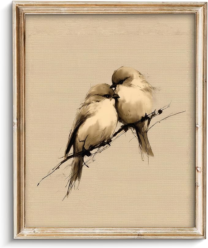 Vodefoad Vintage Love Birds Sketch Wall Art, Neutral Romantic Art, Cottage Valentine Spring Bird Canvas Painting, Romantic Country Style Interior Design Wall Decor for Bedrooms, Nurseries, Gallery, Bathroom - 8x10Inch Unframe
