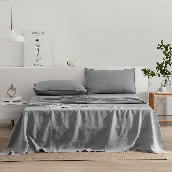 EVERLY Linen Twin Sheets Set, 100% Stonewashed French Linen Bed Sheets Deep Pocket Sheets, 3 Pieces (1 Flat Sheet, 1 Fitted Sheet, 1 Pillowcase) Natural Flax Bedding Set, Light Grey
