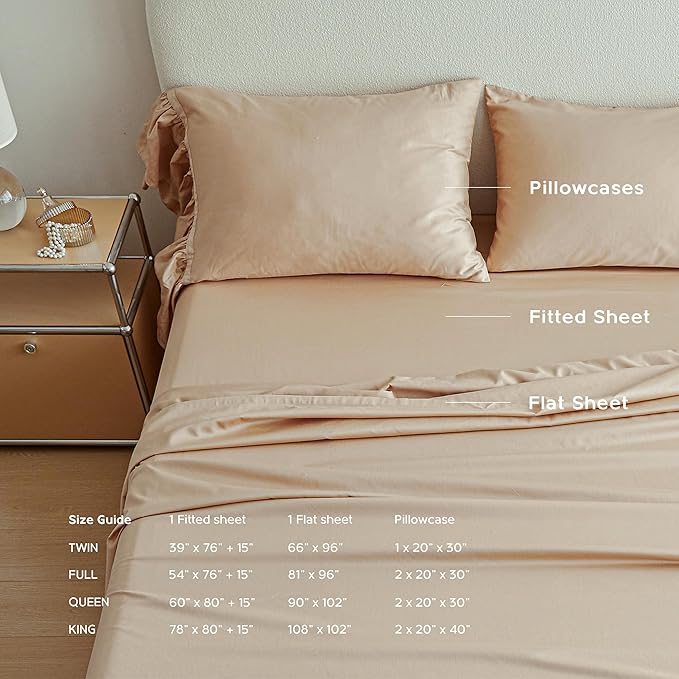 Simple&Opulence 100% Organic Cotton Sheet Set, Long Ruffle Bed Sheets (1 Flat Sheet, 1 Fitted Sheet and 2 Pillowcases) Elegant Shabby Chic Bedding Farmhouse Charming Vintage - Sand, Queen
