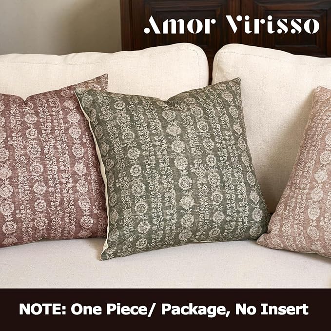 Amor Virisso Vintage Floral Throw Pillow Covers 20x20 Striped Farmhouse Block Print Pillow Cover Boho Neutral Decorative Pillows for Living Room Bed, Dusty Green